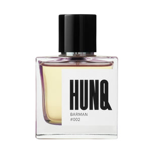 HUNQ - #002 Barman Parfumflakon mit klarem Glas und schwarzem Deckel vor weißem Hintergrund