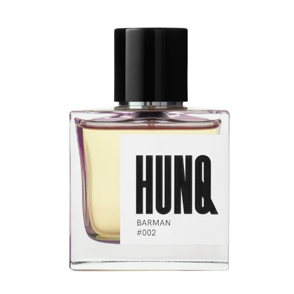 HUNQ - #002 Barman Parfumflakon mit klarem Glas und schwarzem Deckel vor weißem Hintergrund
