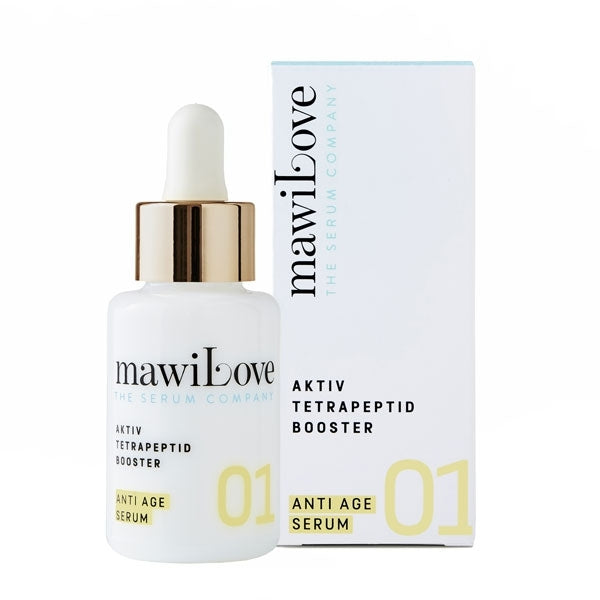 mawiLove - 01 Serum Aktiv Tetrapeptid Booster zeigt eleganten weißen Flakon mit goldfarbenem Tropfer und passender Verpackung