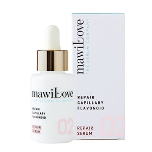 mawiLove - 02 Serum Repair Capillary Flavonoid zeigt weißen Serumflakon mit goldenem Tropfer neben passender Verpackung