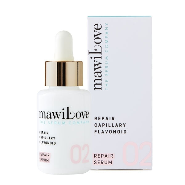 mawiLove - 02 Serum Repair Capillary Flavonoid zeigt weißen Serumflakon mit goldenem Tropfer neben passender Verpackung