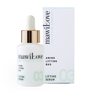 mawiLove - 03 Serum Amino Lifting BH3 zeigt weißen Serumflakon mit goldfarbenem Tropfer vor weißer Verpackung