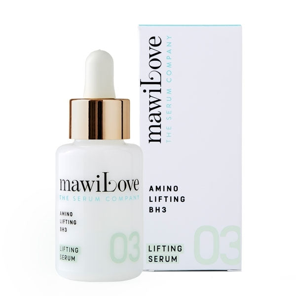 mawiLove - 03 Serum Amino Lifting BH3 zeigt weißen Serumflakon mit goldfarbenem Tropfer vor weißer Verpackung