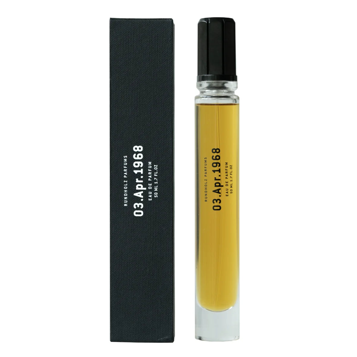 Rundholz Parfums - 03. Apr. 1968 zeigt schlanken Parfumflakon mit schwarzem Verschluss und minimalistischer schwarzer Verpackung