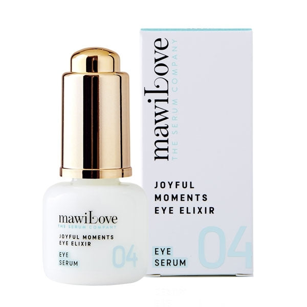 mawiLove - 04 Joyful Moments Eye Elixir in weißem Flakon mit goldenem Verschluss neben Verpackung vor weißem Hintergrund
