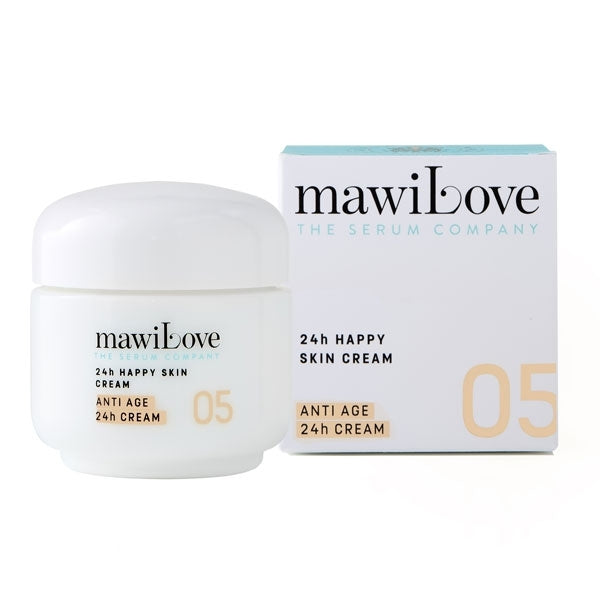 mawiLove - 05 24h Happy Skin Cream Anti Age Pflege im weißen Tiegel mit passender Verpackung vor weißem Hintergrund