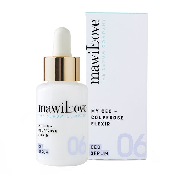 mawiLove - 06 Serum MY CEO - Couperose Elexir mit Pipette und weißem Flakon vor weißem Hintergrund
