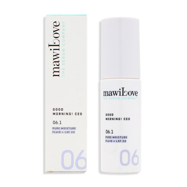 mawiLove - 06.1 - Good Morning! CEO - Pure Moisture Fluid + LSF 20 in weißem minimalistischen Design mit Verpackung