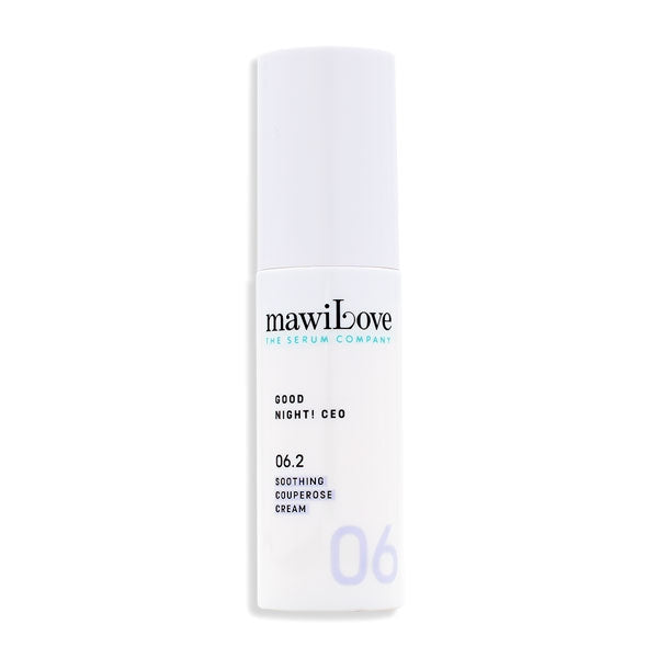 mawiLove - 06.2 - Good Night! CEO - Soothing Couperose Cream in weißem minimalistischen Pumpspender vor weißem Hintergrund