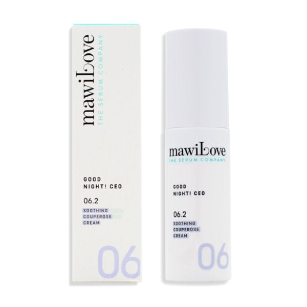 mawiLove - 06.2 - Good Night! CEO - Soothing Couperose Cream in schlichter weißer Verpackung minimalistisch präsentiert