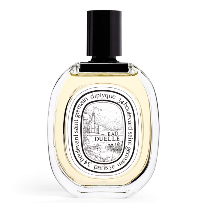 Diptyque - Eau Duelle klarer Flakon mit schwarzem Verschluss und hellgelbem Inhalt vor weißem Hintergrund