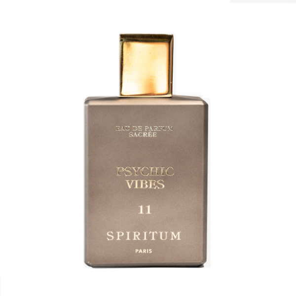 Spiritum - 11 - Psychic Vibes Parfumflakon in mattgrauem Design mit goldfarbenem Verschluss und eleganter Schriftprägung