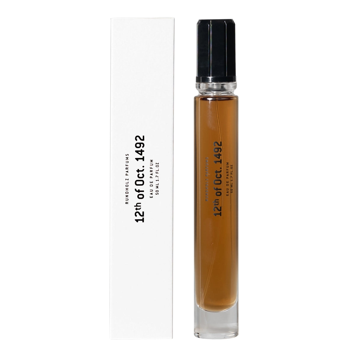 Rundholz Parfums - 12th of Oct. 1492 schlanker Flakon mit bernsteinfarbenem Parfum und schwarzem Deckel in modernem Design