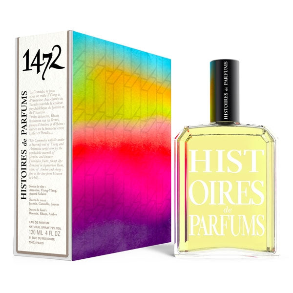 Histoires de Parfums - 1472 - La Divine Comédie Parfumflakon mit farbenfroher Geschenkbox vor weißem Hintergrund