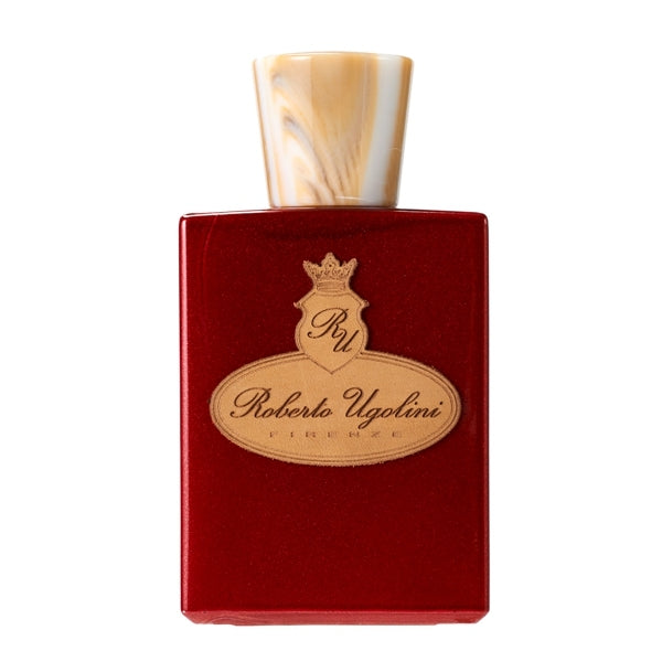 Roberto Ugolini - 17 Rosso Parfumflakon in tiefrotem Glas mit beigefarbenem Marmordeckel vor weißem Hintergrund