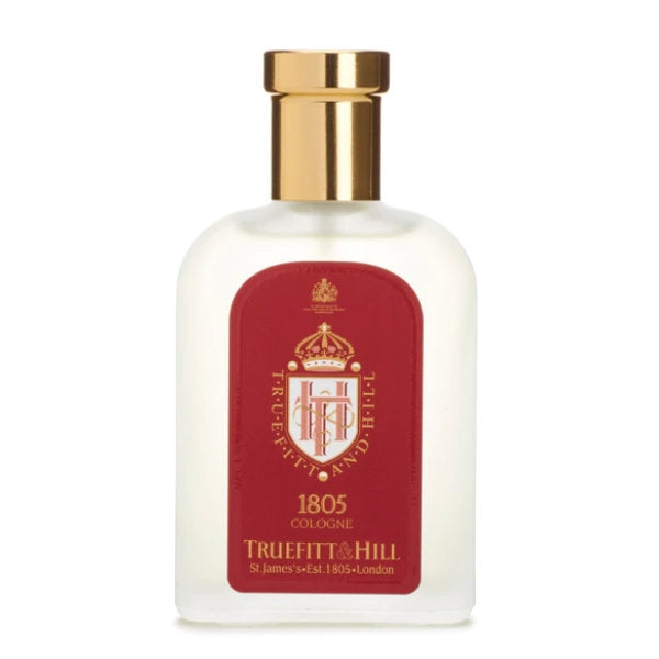 Truefitt & Hill - 1805 - Cologne Flakon mit mattem Glas und rotem Emblem im klassischen Design mit goldenem Verschluss