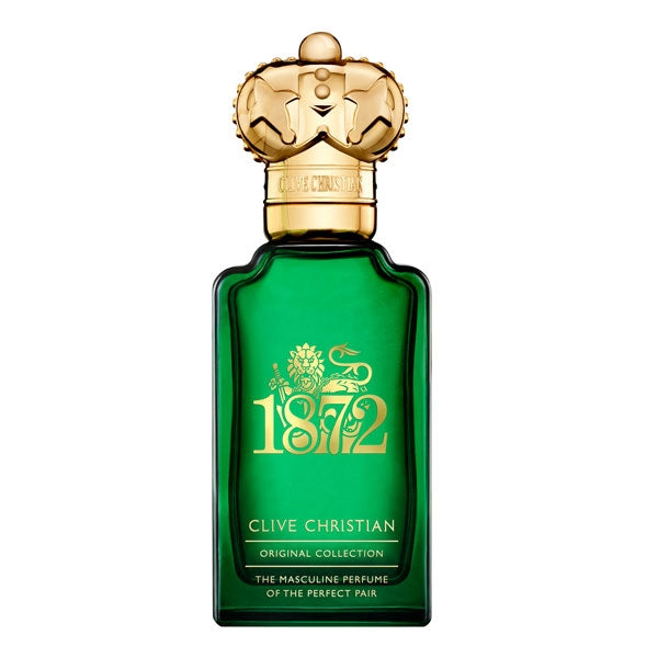Clive Christian - 1872 for men eleganter grüner Flakon mit goldener Krone und verziertem Logo vor weißem Hintergrund