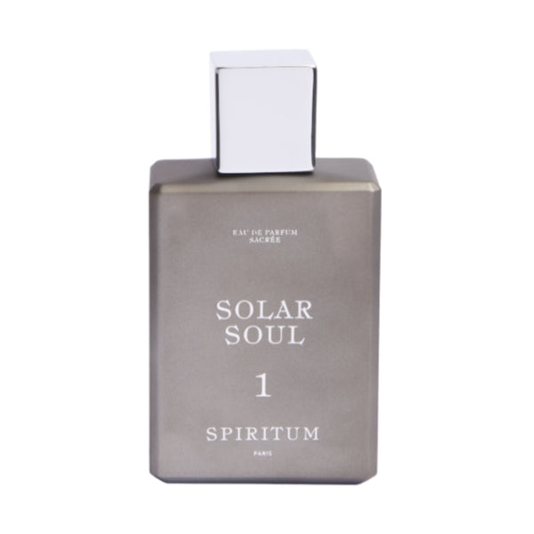 Spiritum - 1 - Solar Soul Parfumflakon in mattem Grau mit weißem Verschluss vor weißem Hintergrund