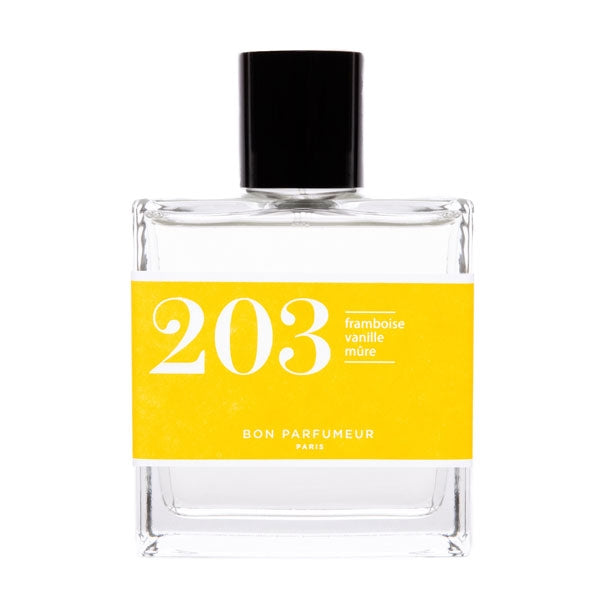 Bon Parfumeur - Les Classiques - 203 Parfumflakon mit gelbem Etikett und schwarzem Verschluss vor weißem Hintergrund