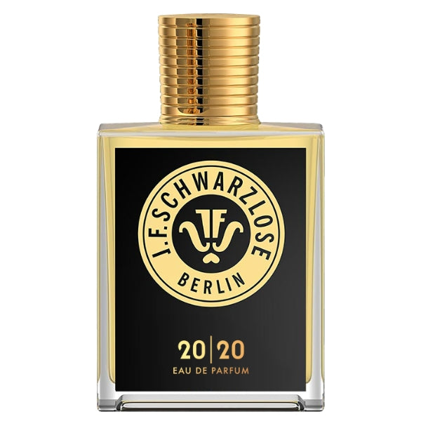 J. F. Schwarzlose Berlin - 20/20 Parfumflakon mit schwarzem Etikett und goldfarbenem Verschluss vor weißem Hintergrund