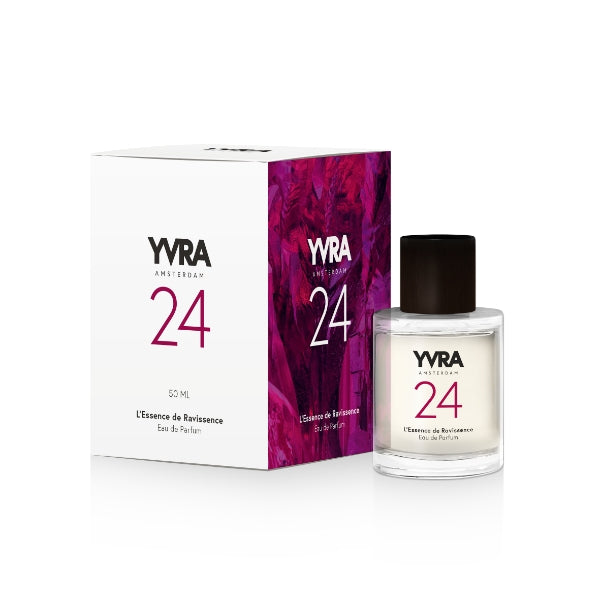 YVRA - YVRA 24 L'Essence de Ravissence Parfumflakon mit schwarzem Verschluss und passender Verpackung vor weißem Hintergrund