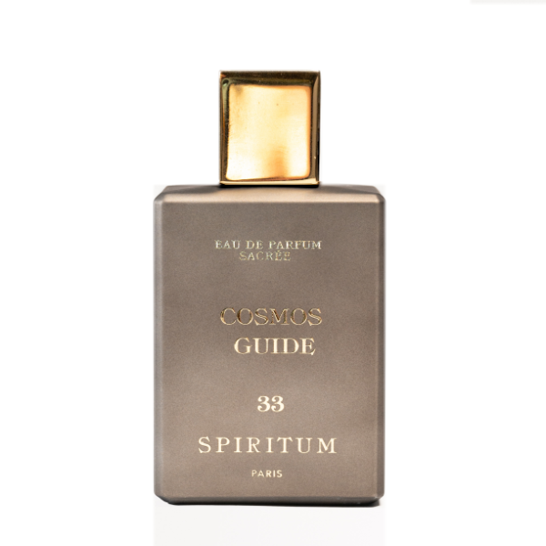 Spiritum - 33 - Cosmos Guide Parfumflakon in elegantem mattem Braun mit goldfarbenem Verschluss vor weißem Hintergrund