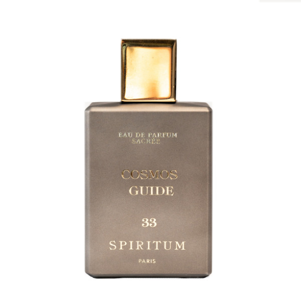 Spiritum - 33 - Cosmos Guide Parfumflakon mit goldfarbenem Verschluss und elegantem Design auf weißem Hintergrund