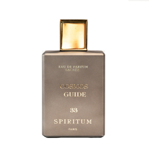 Spiritum - 33 - Cosmos Guide Parfumflakon mit goldfarbenem Verschluss und elegantem Design auf weißem Hintergrund