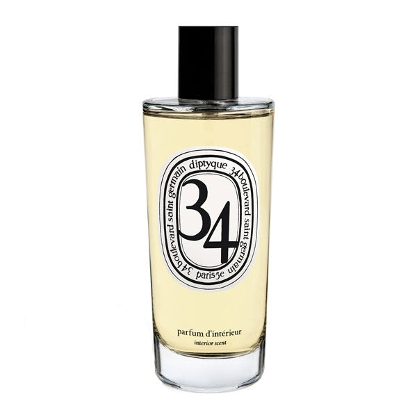 Diptyque - 34 Boulevard Saint Germain - Raumspray im klaren Flakon mit schwarzem Verschluss vor weißem Hintergrund minimalistisch dargestellt