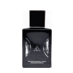 Spiritum - 36 Jacob Parfumflakon in elegantem Schwarz mit spirituellem Symbol und minimalistischer Beschriftung in Weiß