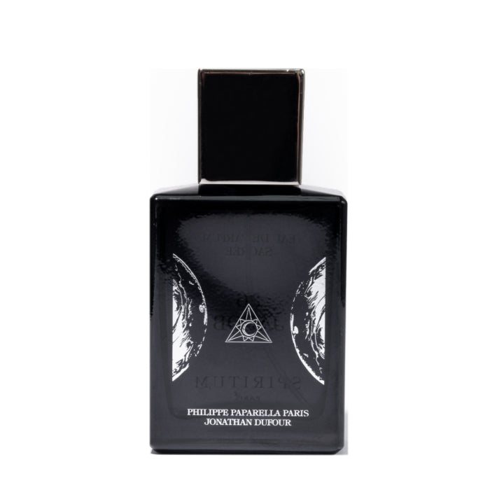 Spiritum - 36 Jacob Parfumflakon in elegantem Schwarz mit spirituellem Symbol und minimalistischer Beschriftung in Weiß