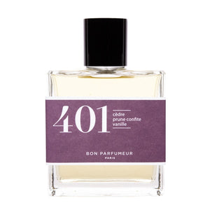 Bon Parfumeur - Les Classiques - 401 Parfümflakon mit violettem Etikett und schwarzem Verschluss vor weißem Hintergrund