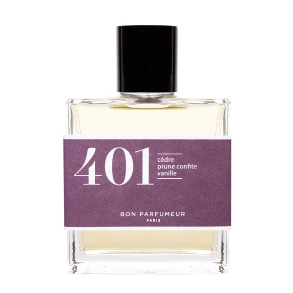 Bon Parfumeur - Les Classiques - 401 Parfümflakon mit violettem Etikett und schwarzem Verschluss vor weißem Hintergrund