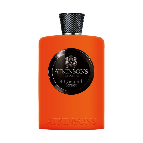 Atkinsons 1799 - 44 Gerrard Street Parfumflakon in leuchtendem Orange mit schwarzem Label und strukturiertem Verschluss