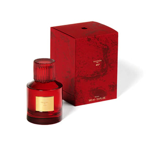 Trudon - Nuit Rouge - 45° Parfumflakon in tiefrotem Glas mit goldfarbenem Etikett neben passender Verpackung
