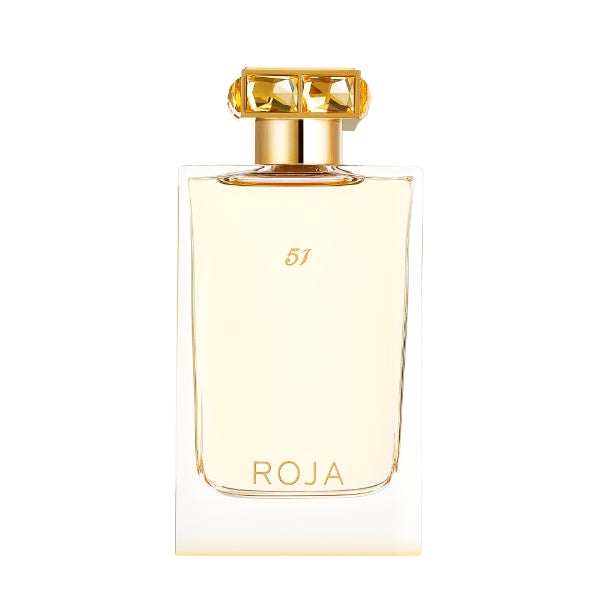 Roja Parfums - 51 Eau de Parfum - Pour Femme in klarer Glasflasche mit goldfarbenem, facettiertem Verschluss vor weißem Hintergrund