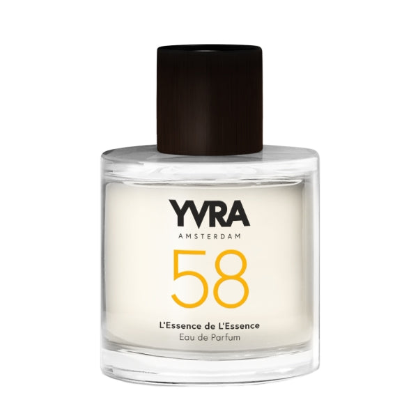 YVRA - YVRA 58 L'Essence de l'Essence klarer Flakon mit minimalistischem Design und schwarzem Schraubverschluss vor weißem Hintergrund