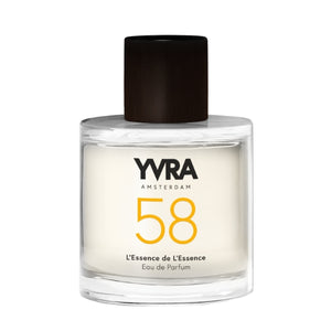 YVRA - YVRA 58 L'Essence de l'Essence klarer Flakon mit minimalistischem Design und schwarzem Schraubverschluss vor weißem Hintergrund