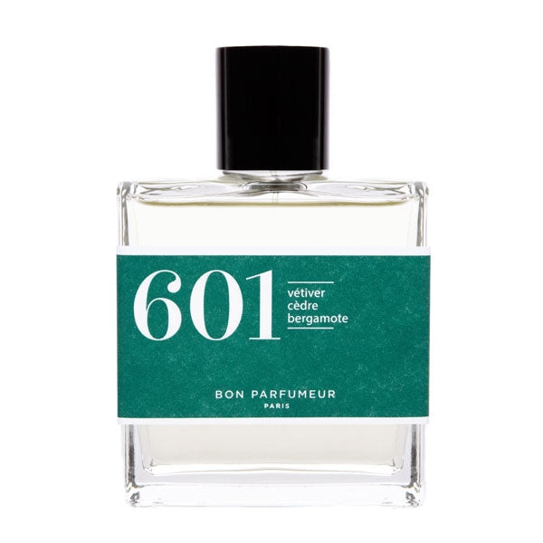 Bon Parfumeur - Les Classiques - 601 Parfumflakon mit grünem Etikett und schwarzem Verschluss vor weißem Hintergrund