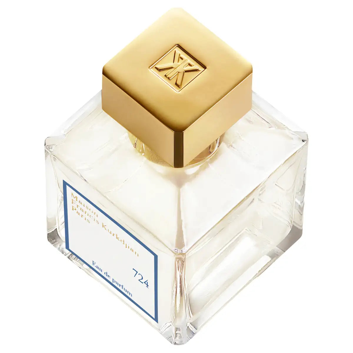 Maison Francis Kurkdjian Paris - 724 Parfumflakon in quadratischem Klarglas mit goldenem Verschluss vor weißem Hintergrund
