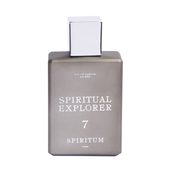 Spiritum - 7 - Spiritual Explorer Parfumflakon in matter grauer Farbe mit weißem quadratischem Verschluss vor weißem Hintergrund