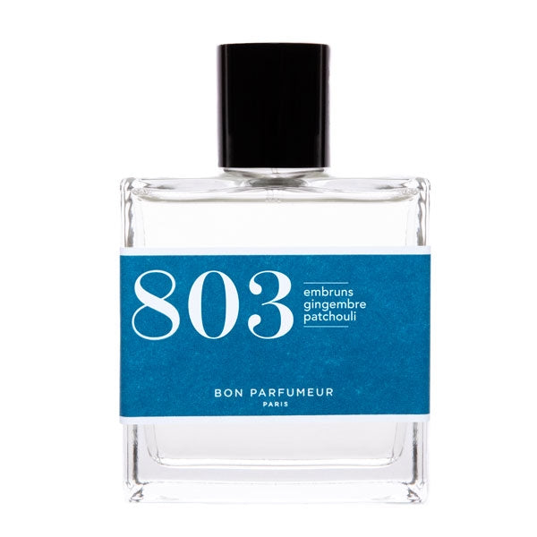 Bon Parfumeur - Les Classiques - 803 zeigt klaren Flakon mit blauem Etikett und schwarzem Verschluss auf weißem Hintergrund