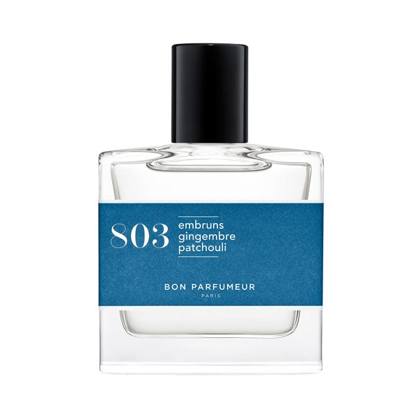 Bon Parfumeur - Les Classiques - 803 zeigt klaren Flakon mit blauem Label und schwarzem Verschluss vor weißem Hintergrund