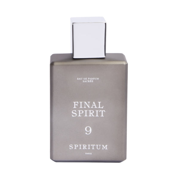 Spiritum - 9 - Final Spirit Parfumflakon in matter grauer Optik mit weißem quadratischem Verschluss vor weißem Hintergrund