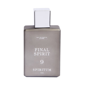 Spiritum - 9 - Final Spirit Parfumflakon in matter grauer Optik mit weißem quadratischem Verschluss vor weißem Hintergrund