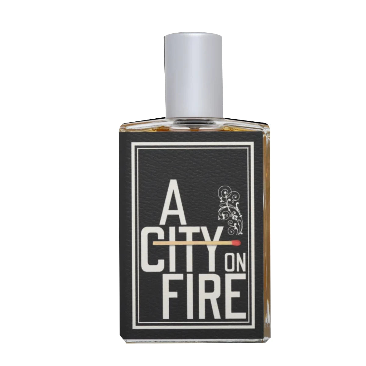Imaginary Authors - A City on Fire Parfumflakon mit schwarzem Etikett und markantem Schriftzug auf weißem Hintergrund