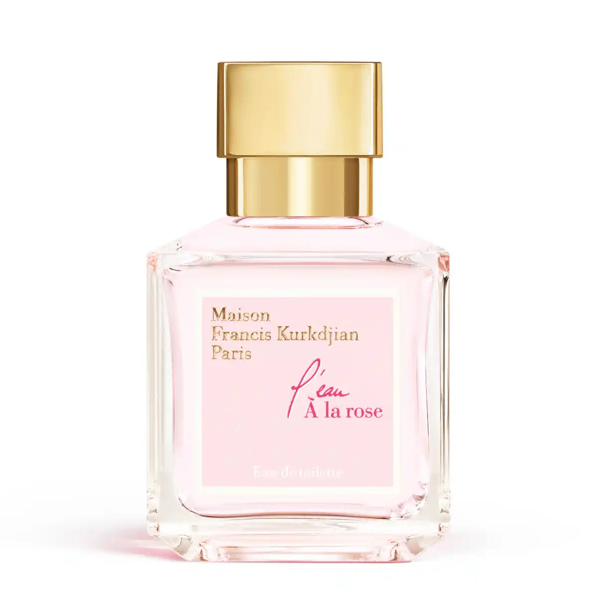 Maison Francis Kurkdjian Paris - l'eau À la rose Parfumflakon mit zart rosa Flüssigkeit und goldfarbenem Verschluss vor weißem Hintergrund