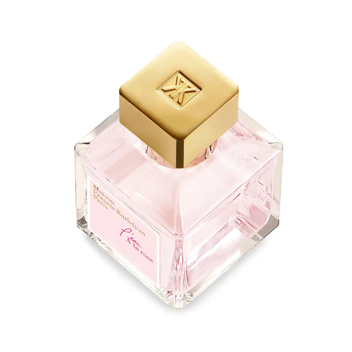 Maison Francis Kurkdjian Paris - l'eau À la rose Parfumflakon in zartem Rosa mit goldenem Verschluss vor weißem Hintergrund