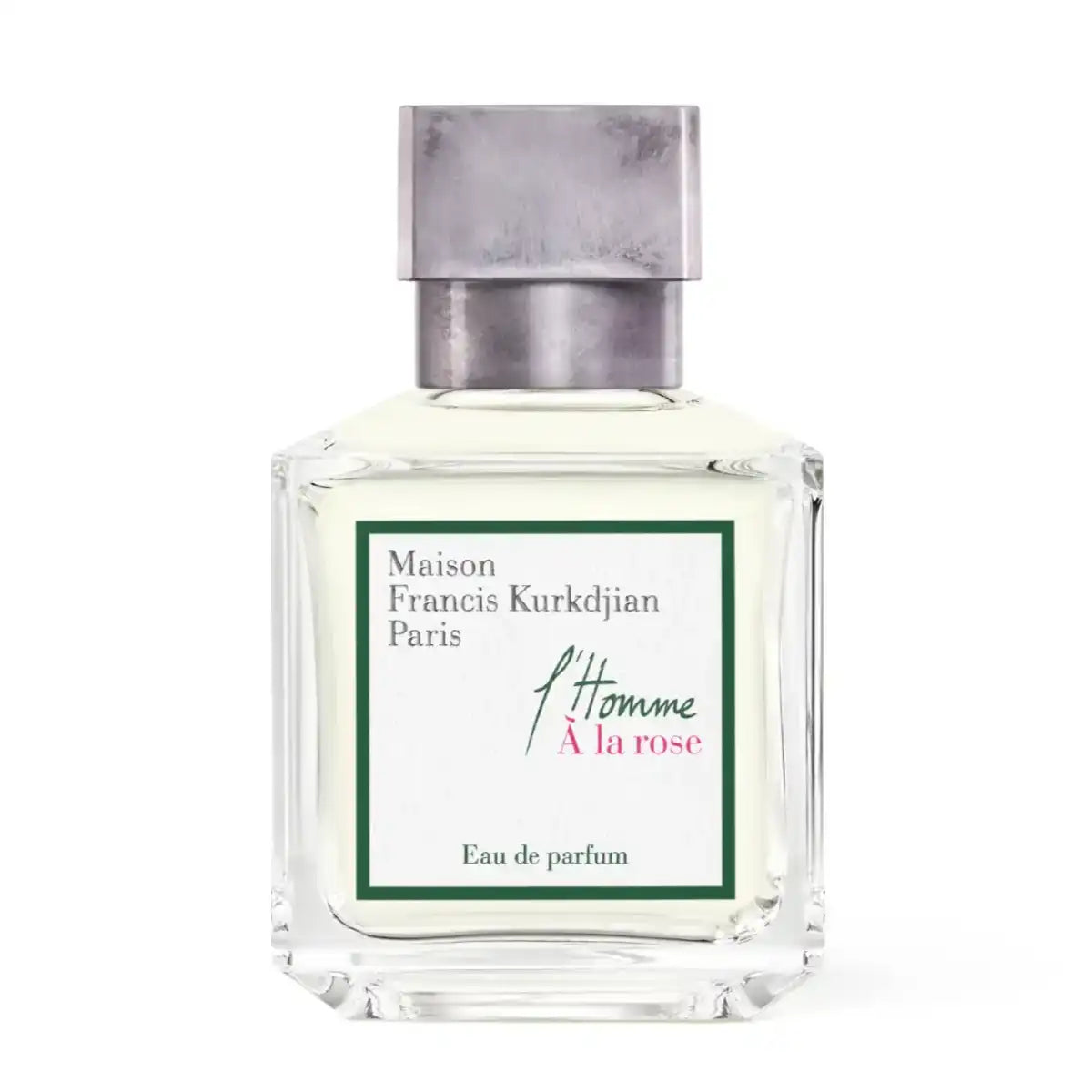 Maison Francis Kurkdjian Paris - l'Homme À la Rose klarer Flakon mit grünem Rahmen und silbernem Verschluss elegant gestaltet