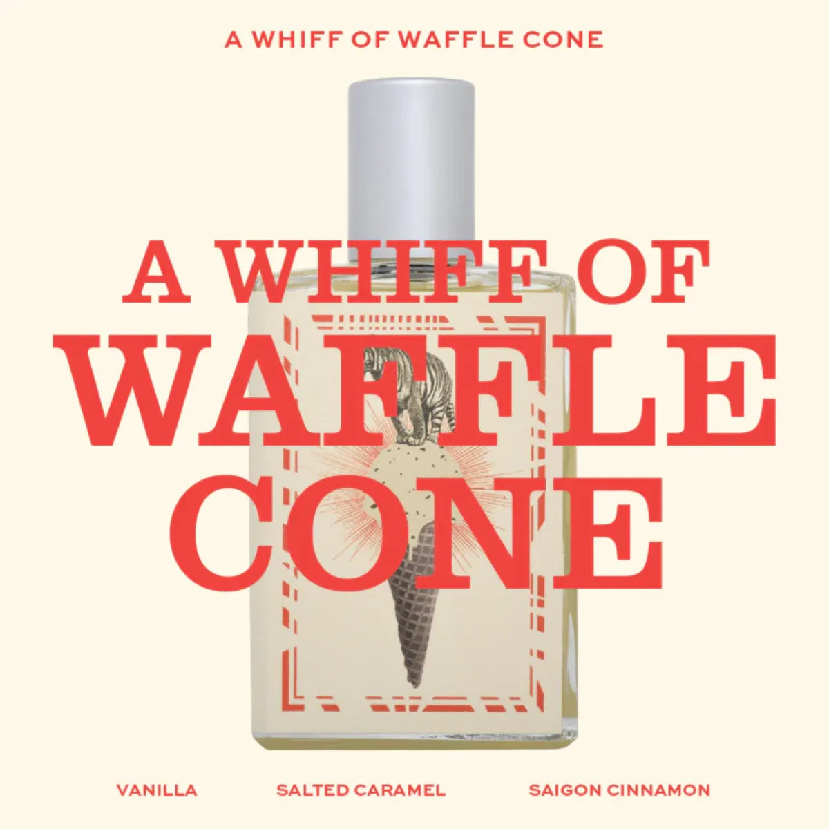 Imaginary Authors - A Whiff of Wafflecone Parfumflakon mit Waffeleistift und silbernem Verschluss auf beigem Hintergrund